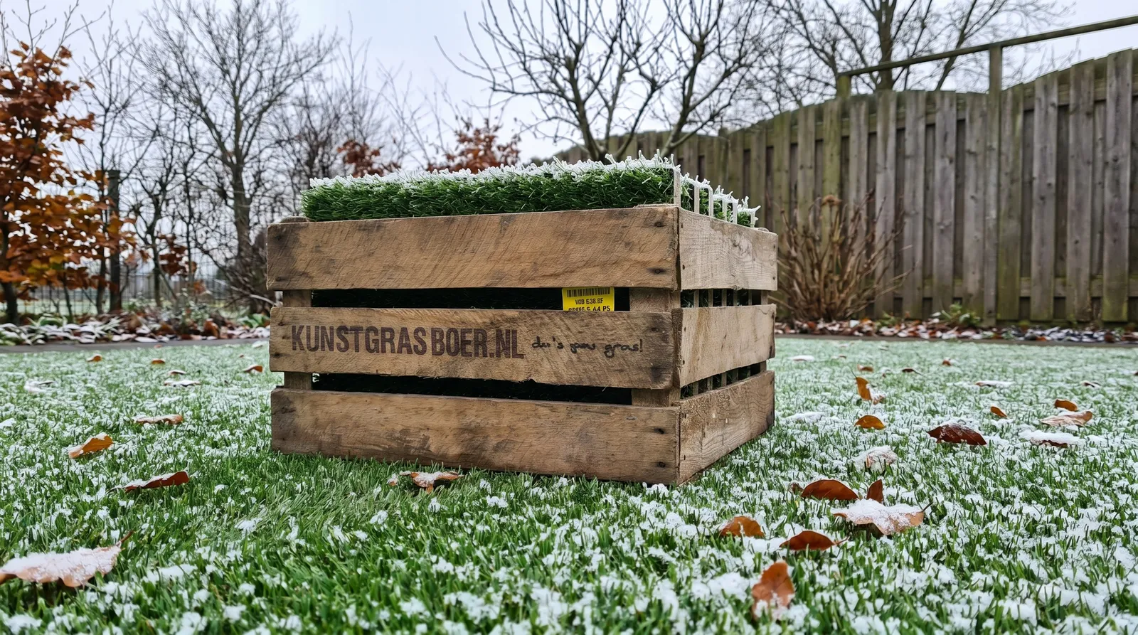 Kunstgrasboer-stalenkist met grasstalen in een licht besneeuwde tuin, het hele jaar groen