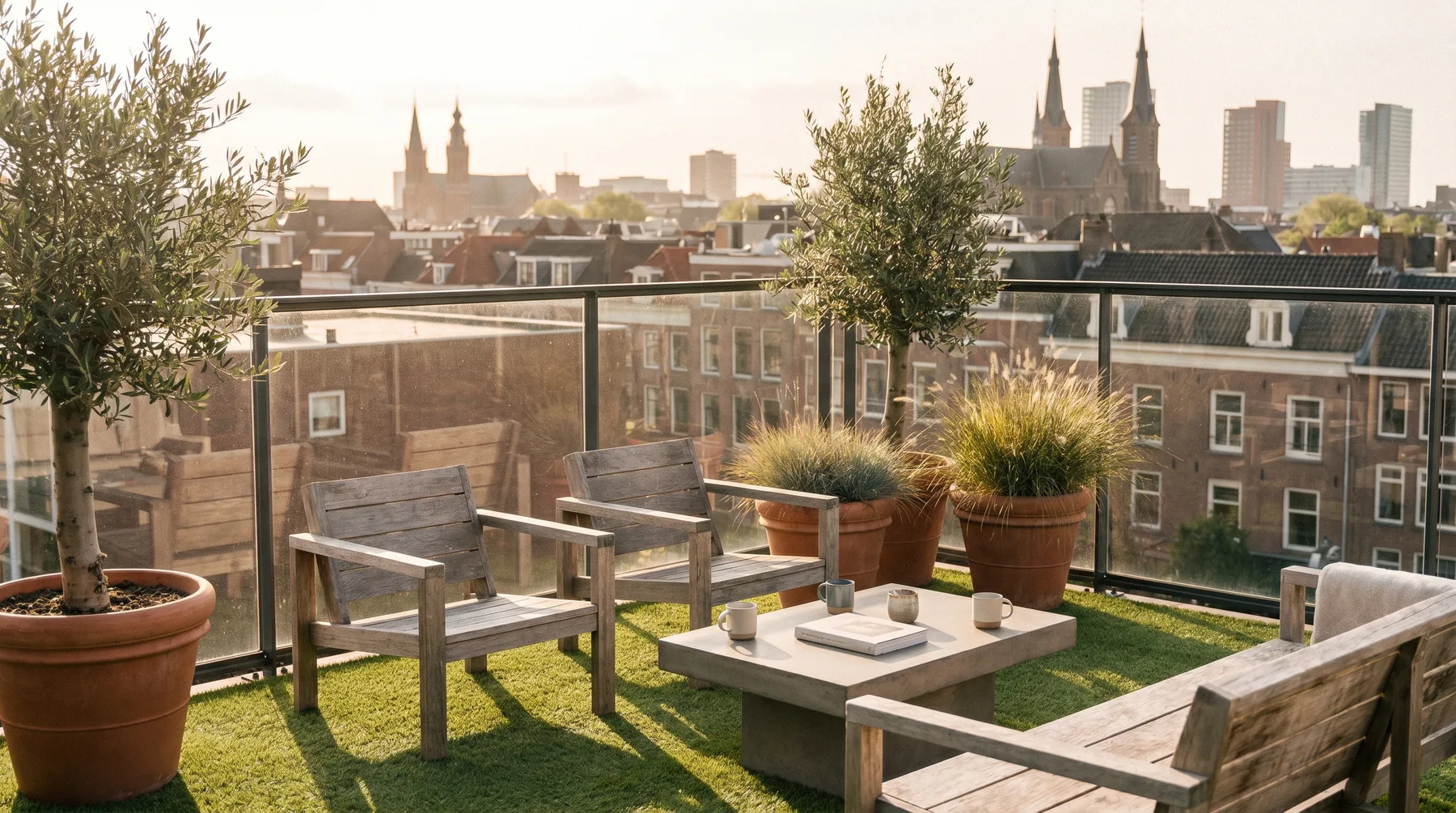 Dakterras met kunstgras en olijfbomen, met de stad op de achtergrond